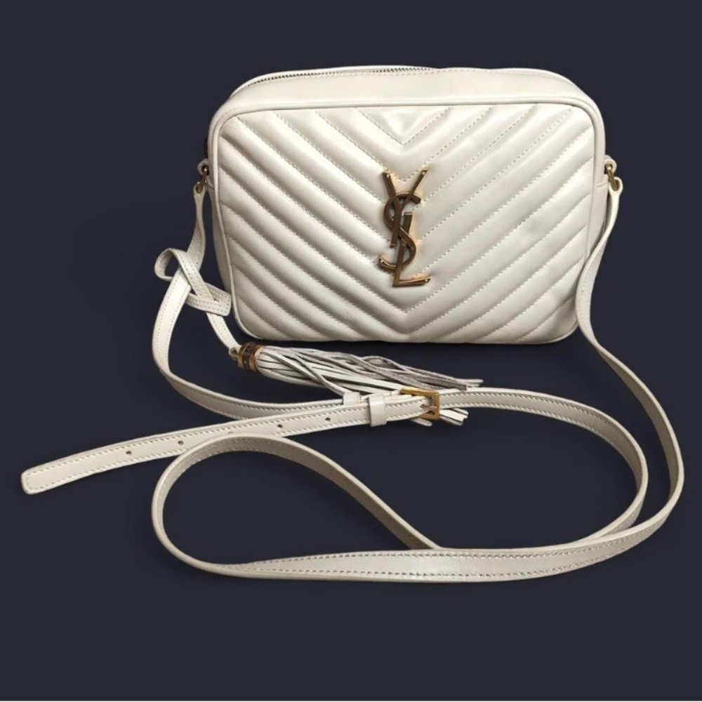 Saint Laurent Cream Quilted Leather Crossbody Camera Bag with Gold YSL - Picture 2 of 16